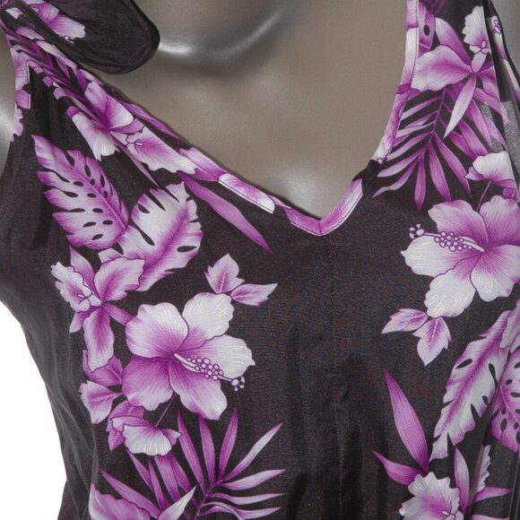HAWAIIAN DRESS Aloha Black w/ Purple Hibiscus Floral Orchid Hawaii Summer Sun S - Picture 4 of 7